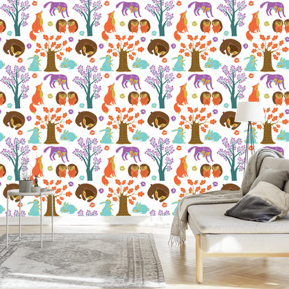 Wallpaper For Children - Forest Animals In A Colorful Forest