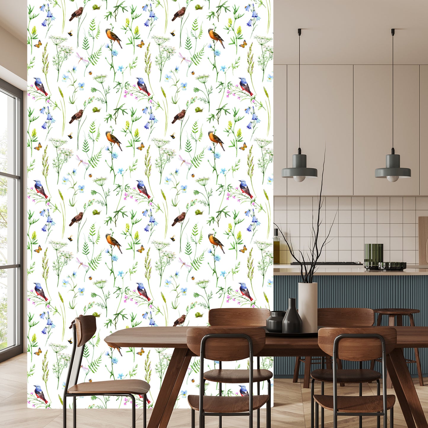 Wallpaper For The Living Room, Birds, Flowers, Leaves, Nature, Butterflies