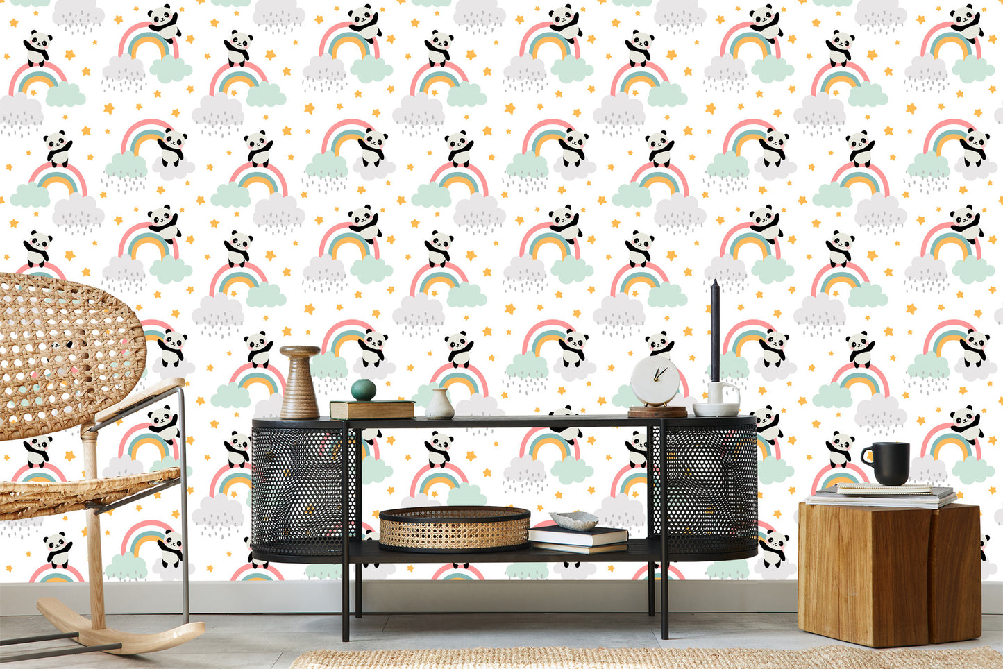 Wallpaper Pandas With A Rainbow