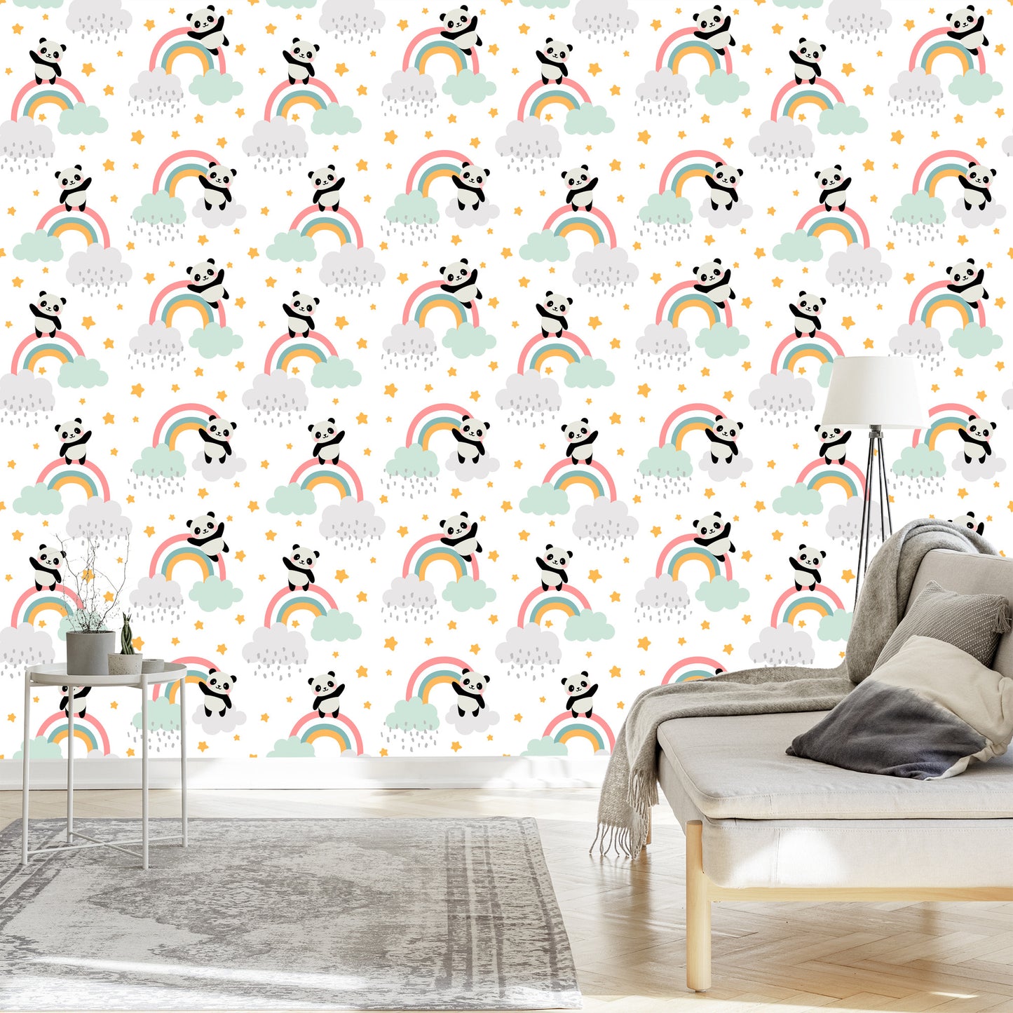 Wallpaper Pandas With A Rainbow