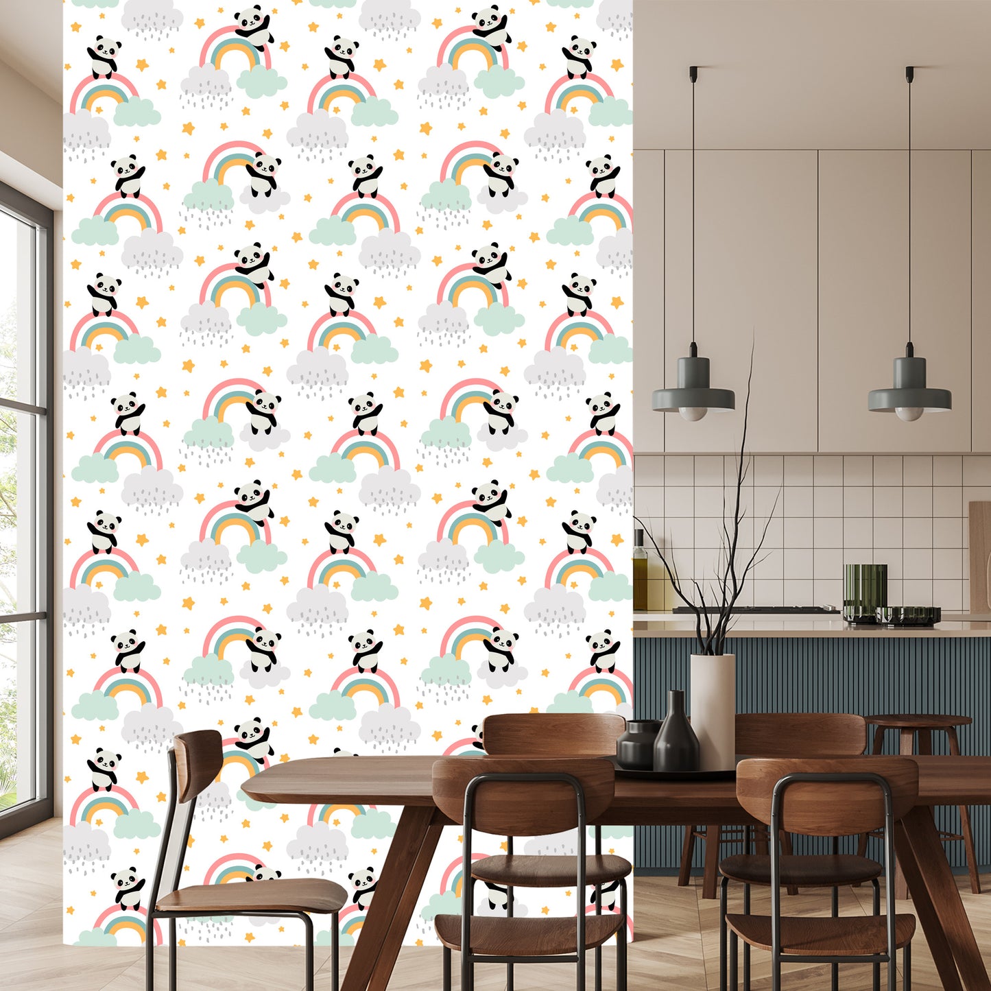Wallpaper Pandas With A Rainbow