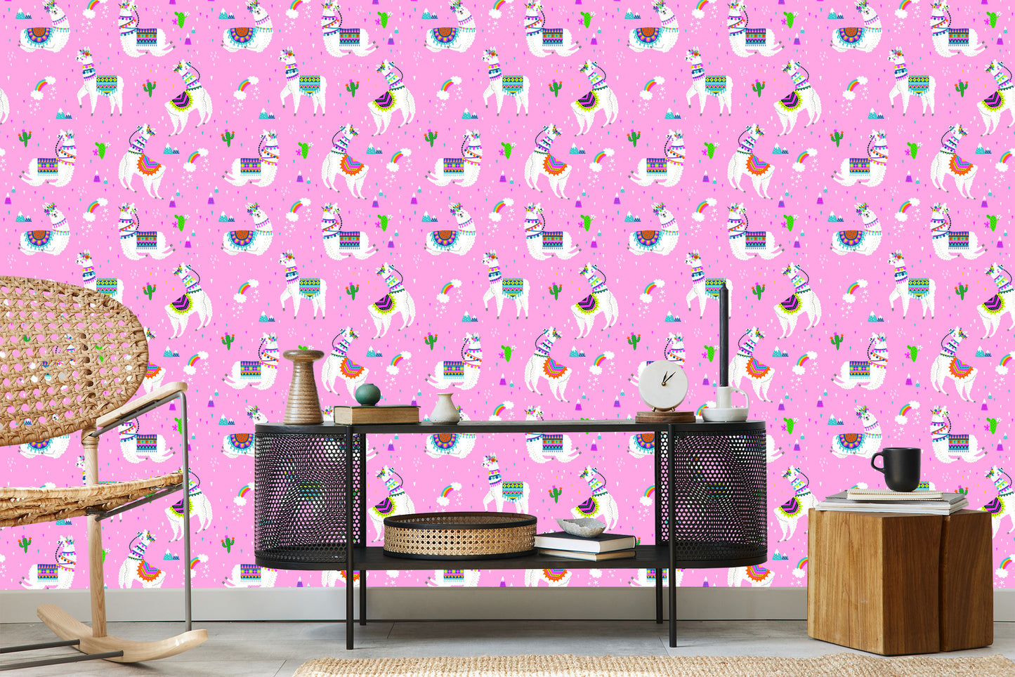 Wallpaper Lama Mountains. Rainbow Flowers. Children's Room