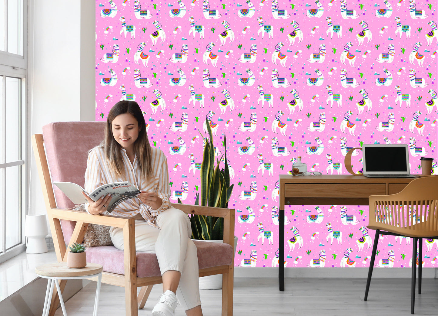 Wallpaper Lama Mountains. Rainbow Flowers. Children's Room