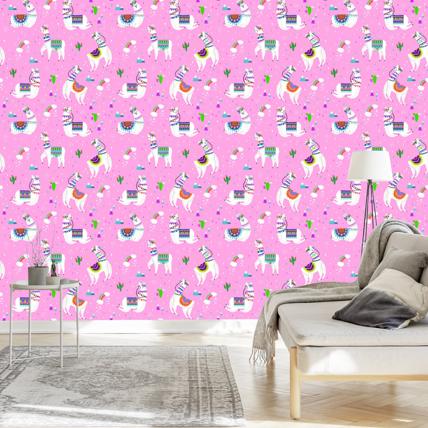 Wallpaper Lama Mountains. Rainbow Flowers. Children's Room