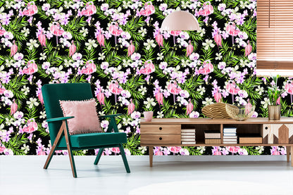Wallpaper For The Living Room Flamingos Flowers Leaves Greenery