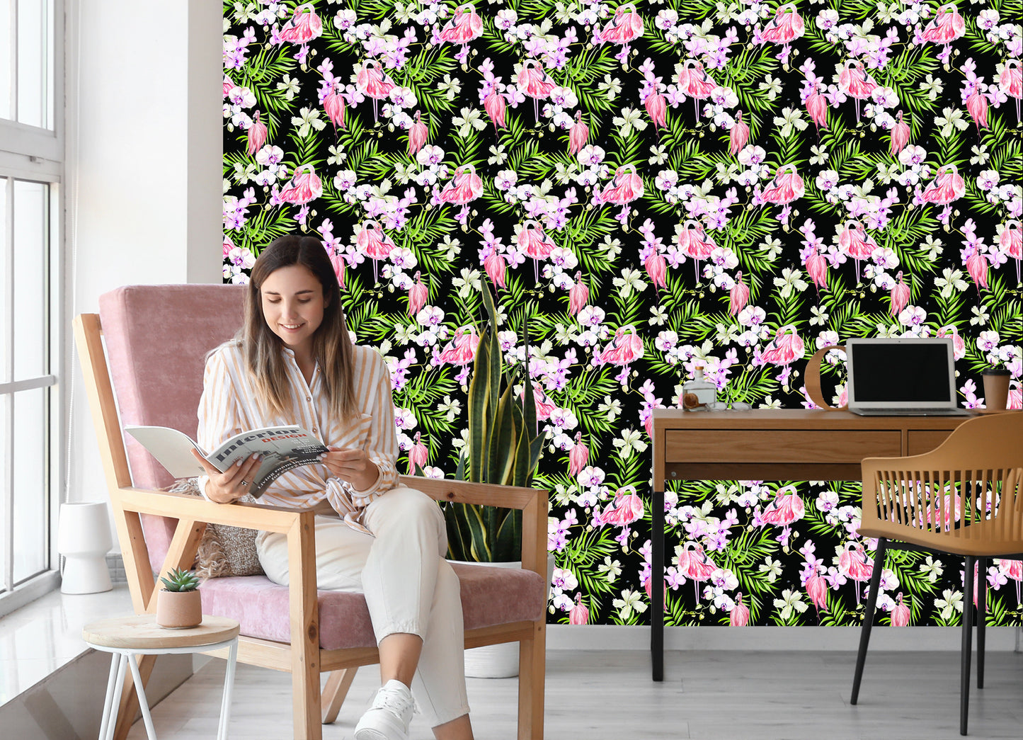 Wallpaper For The Living Room Flamingos Flowers Leaves Greenery