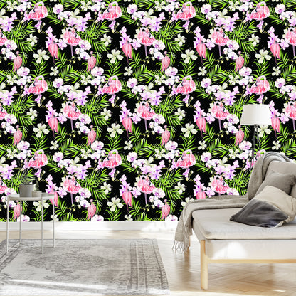 Wallpaper For The Living Room Flamingos Flowers Leaves Greenery