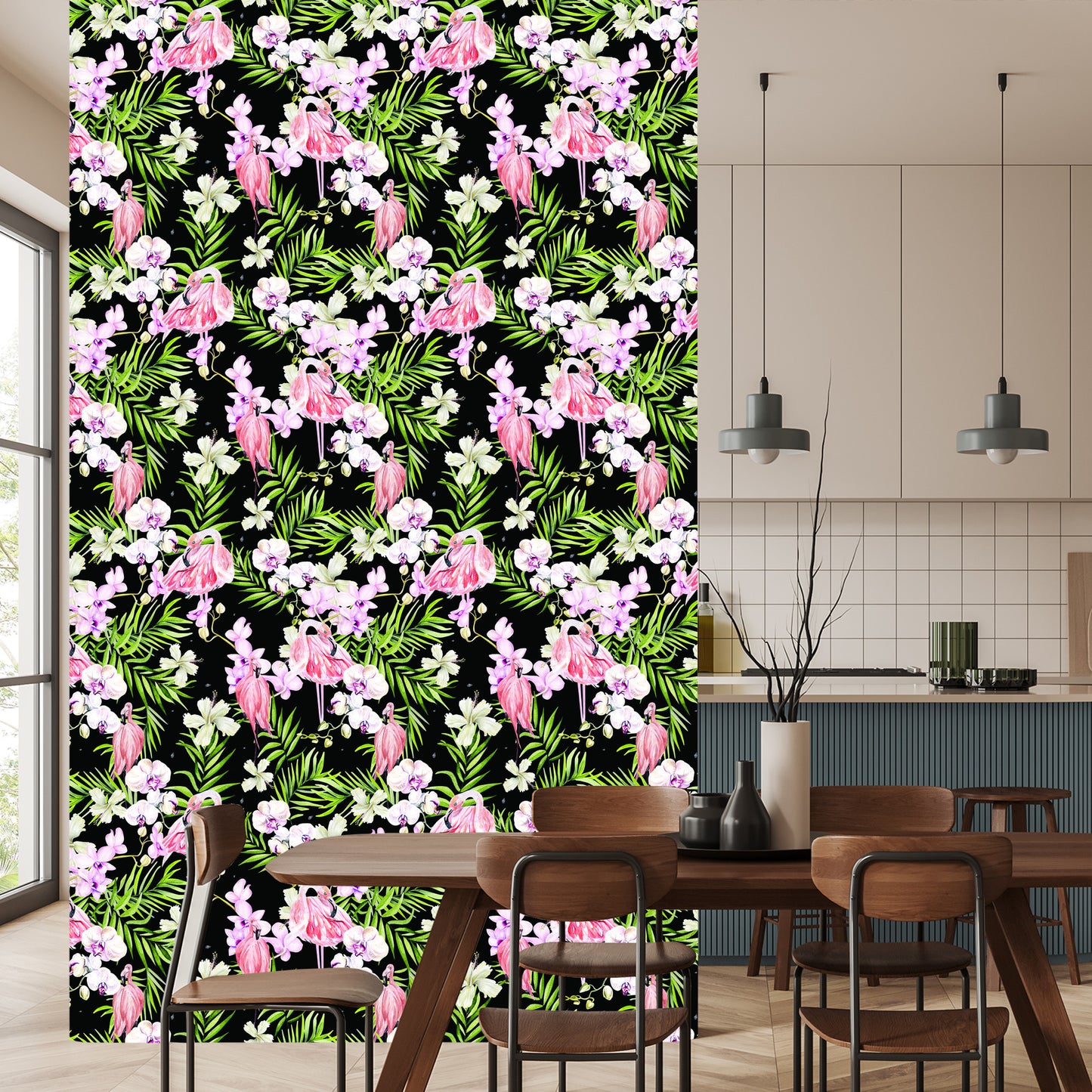 Wallpaper For The Living Room Flamingos Flowers Leaves Greenery