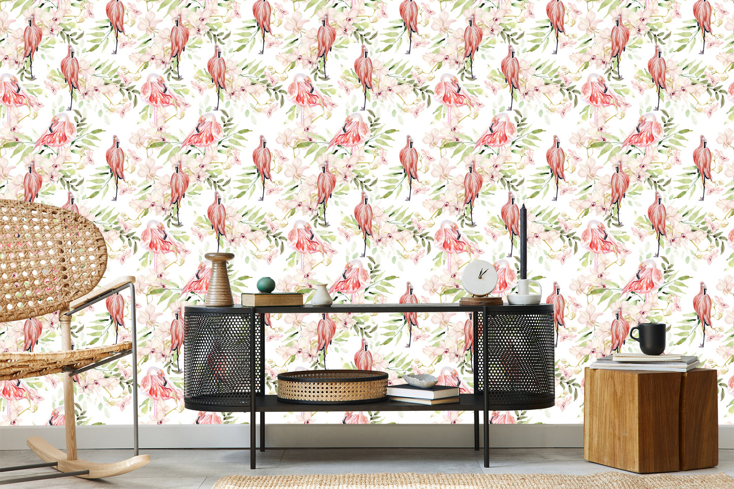 Wallpaper With Flamingos Flowers Leaves For The Bedroom