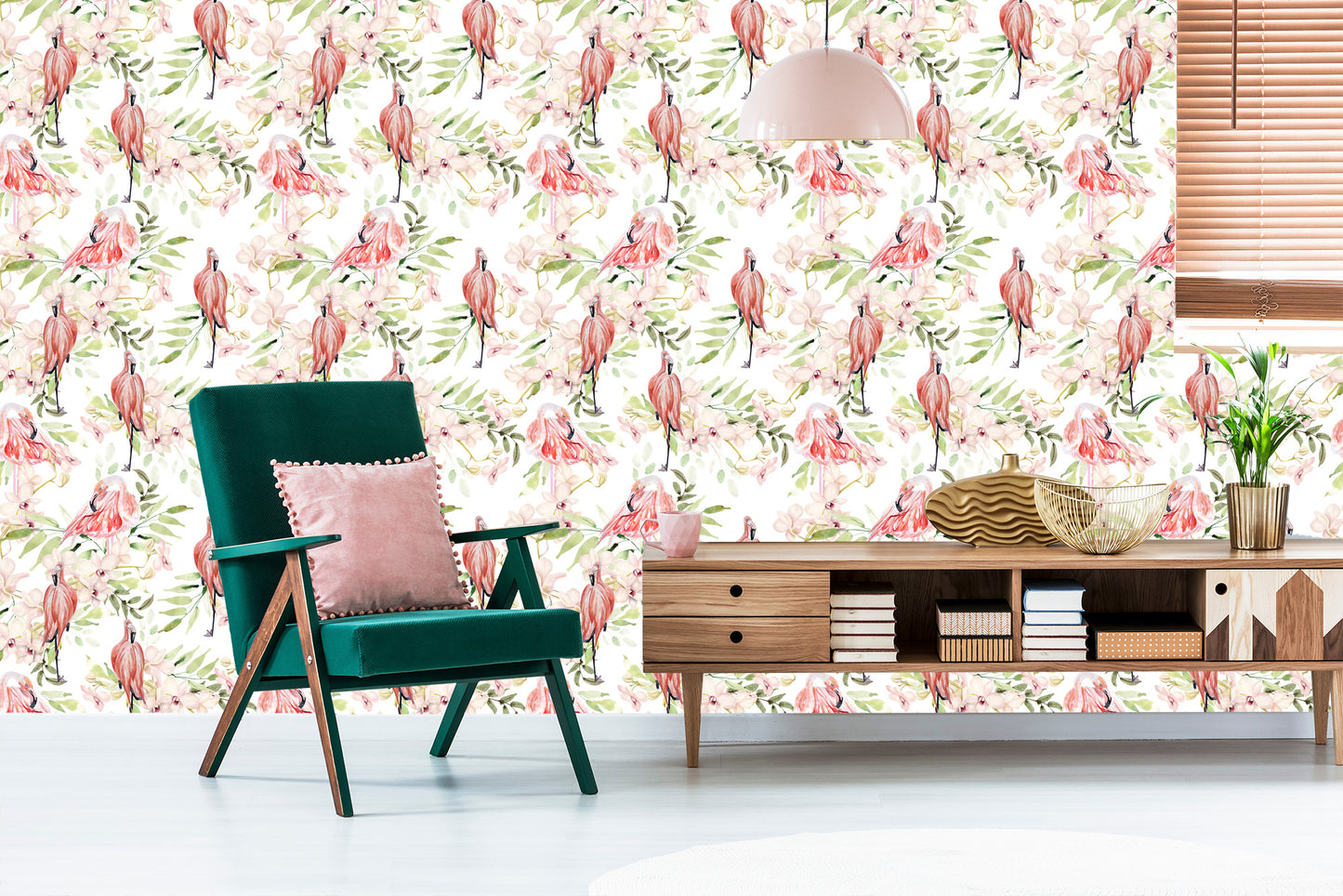 Wallpaper With Flamingos Flowers Leaves For The Bedroom