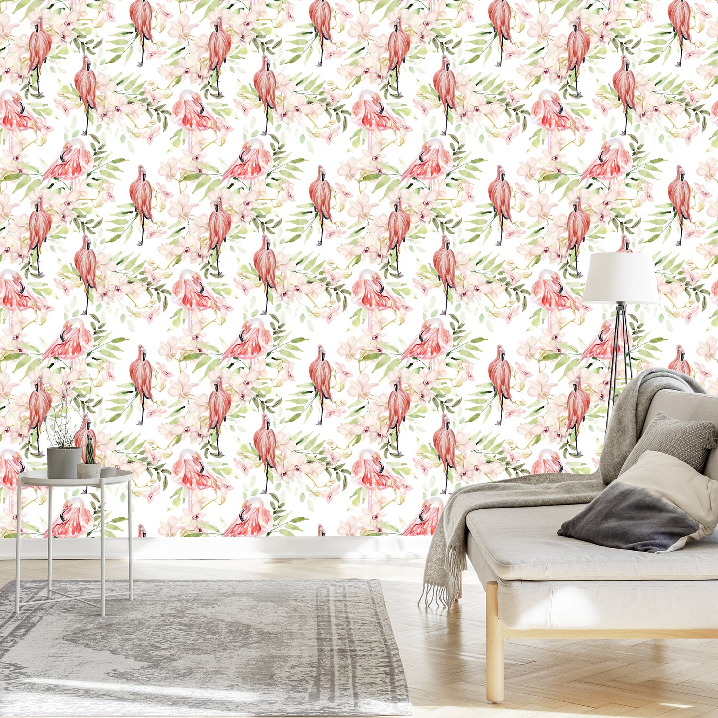 Wallpaper With Flamingos Flowers Leaves For The Bedroom