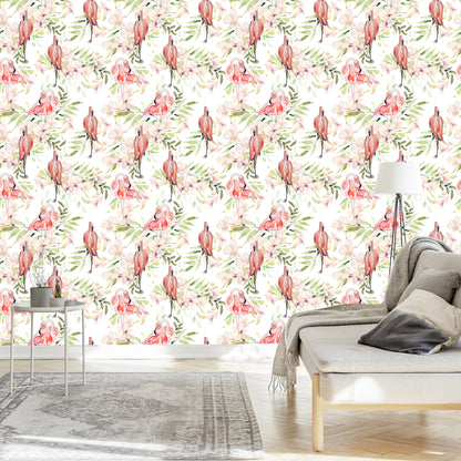 Wallpaper With Flamingos Flowers Leaves For The Bedroom