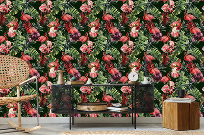Wallpaper Flamingos, Roses, Flowers, Greenery For The Bedroom