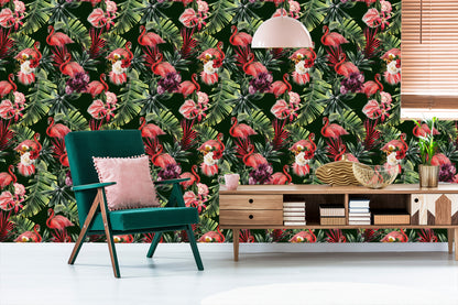 Wallpaper Flamingos, Roses, Flowers, Greenery For The Bedroom