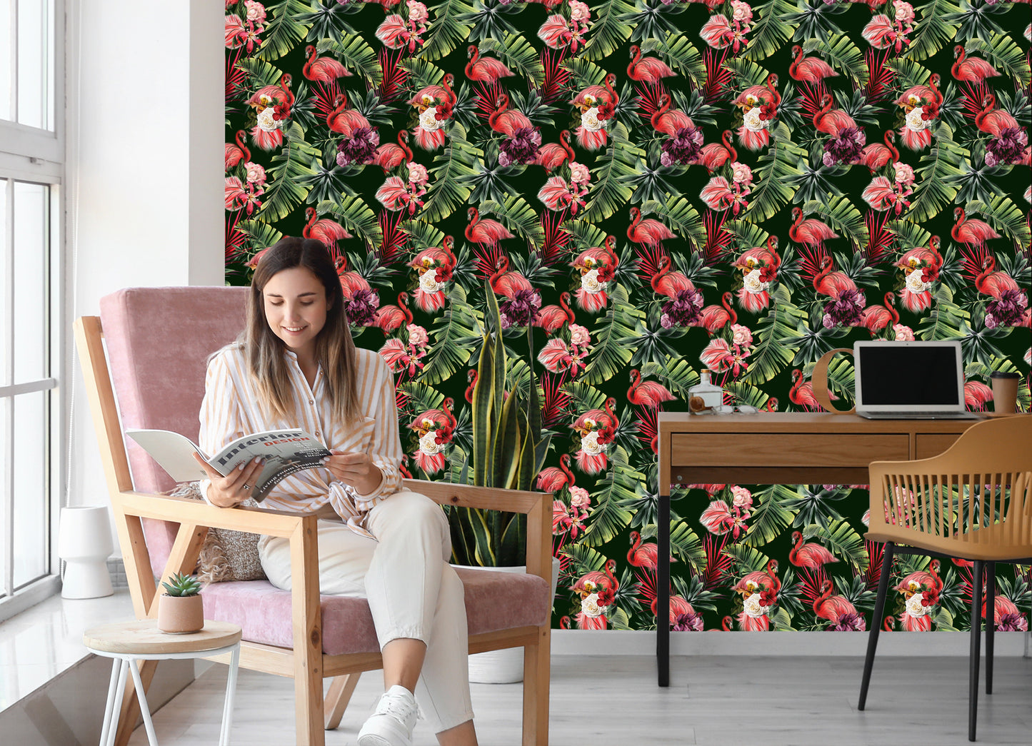 Wallpaper Flamingos, Roses, Flowers, Greenery For The Bedroom
