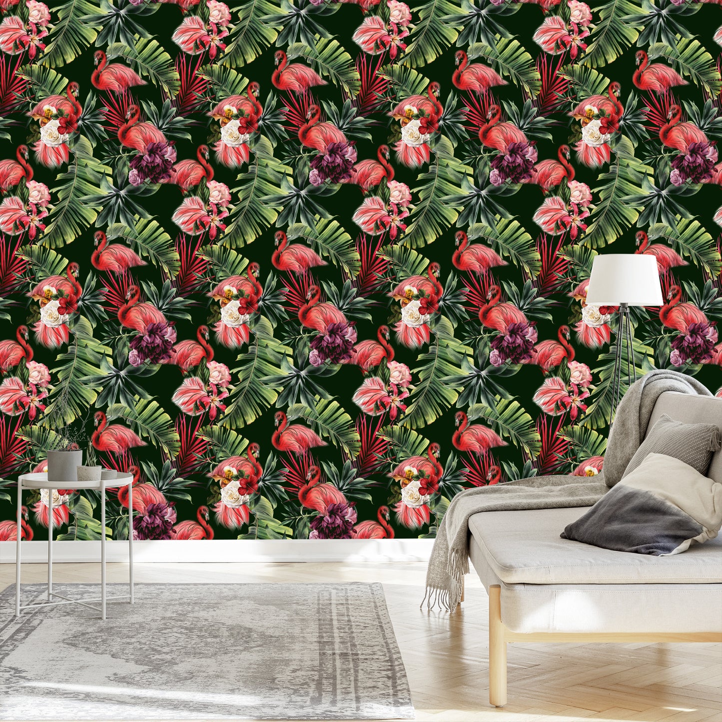 Wallpaper Flamingos, Roses, Flowers, Greenery For The Bedroom