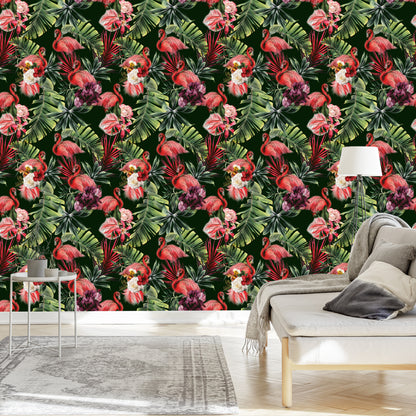 Wallpaper Flamingos, Roses, Flowers, Greenery For The Bedroom