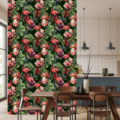 Wallpaper Flamingos, Roses, Flowers, Greenery For The Bedroom