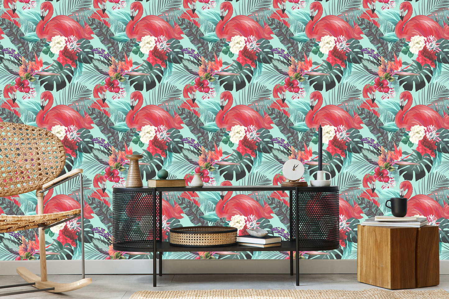 Wallpaper Flamingos Nature Flowers For Living Room