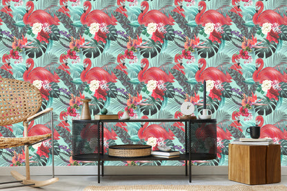 Wallpaper Flamingos Nature Flowers For Living Room