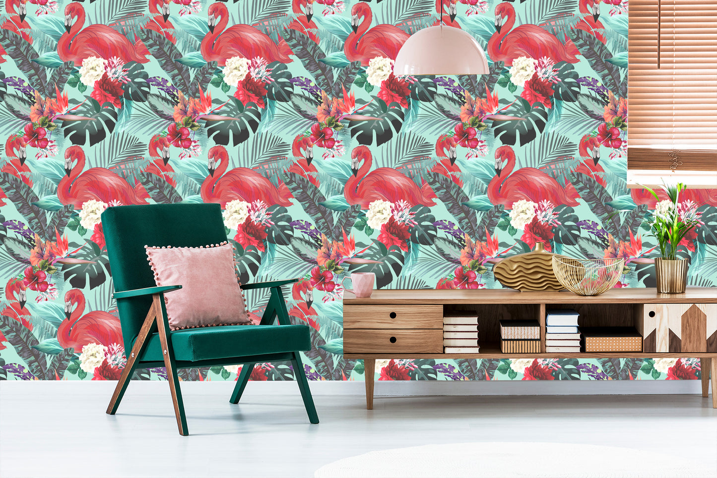 Wallpaper Flamingos Nature Flowers For Living Room