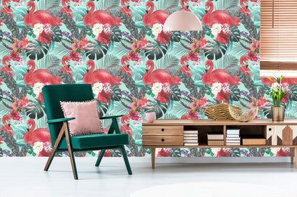 Wallpaper Flamingos Nature Flowers For Living Room