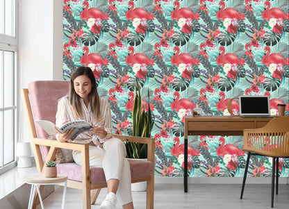 Wallpaper Flamingos Nature Flowers For Living Room