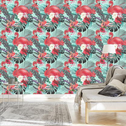 Wallpaper Flamingos Nature Flowers For Living Room