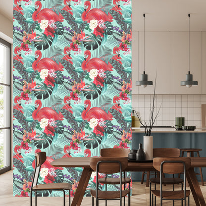 Wallpaper Flamingos Nature Flowers For Living Room