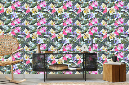 Wallpaper Flamingos. Flowers. Leaves. Nature