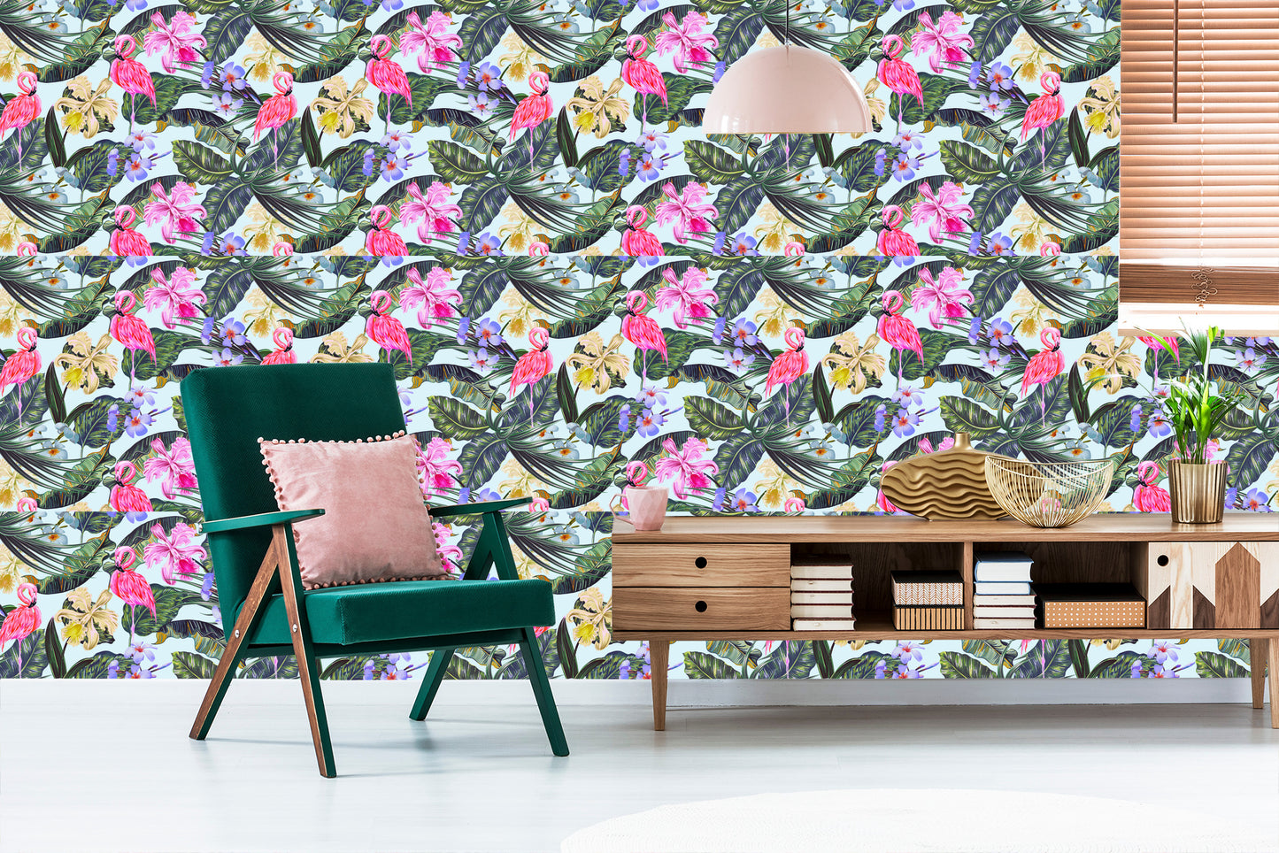 Wallpaper Flamingos. Flowers. Leaves. Nature