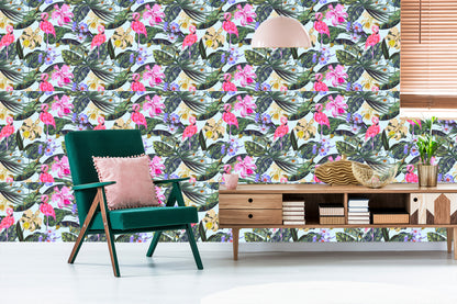 Wallpaper Flamingos. Flowers. Leaves. Nature