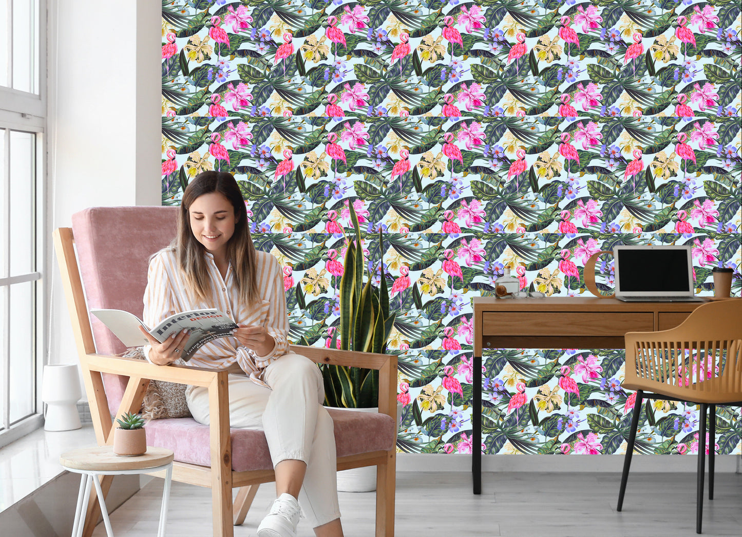 Wallpaper Flamingos. Flowers. Leaves. Nature