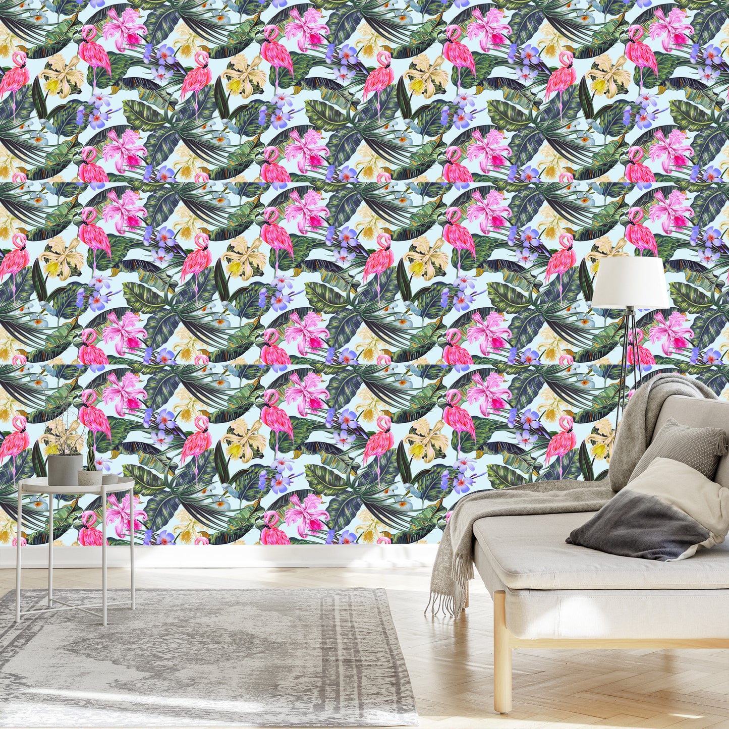 Wallpaper Flamingos. Flowers. Leaves. Nature