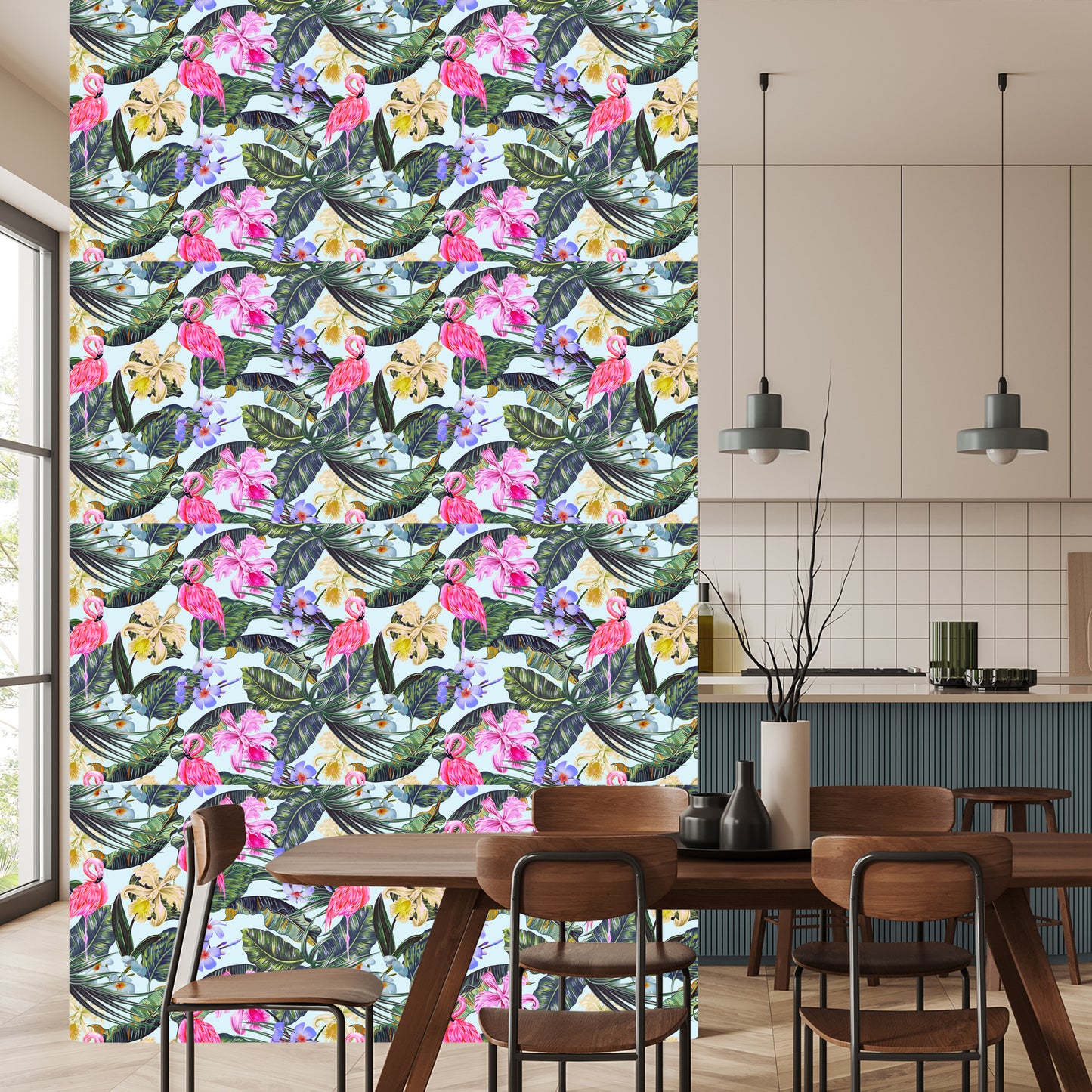 Wallpaper Flamingos. Flowers. Leaves. Nature