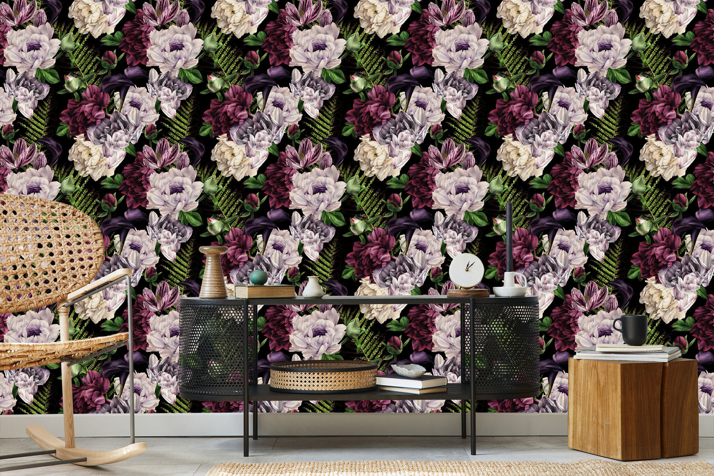 Wallpaper Peonies Fern Leaves