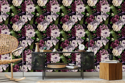 Wallpaper Peonies Fern Leaves