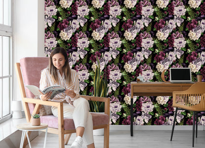 Wallpaper Peonies Fern Leaves