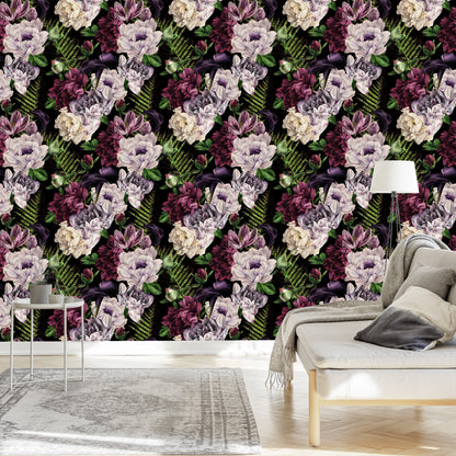 Wallpaper Peonies Fern Leaves