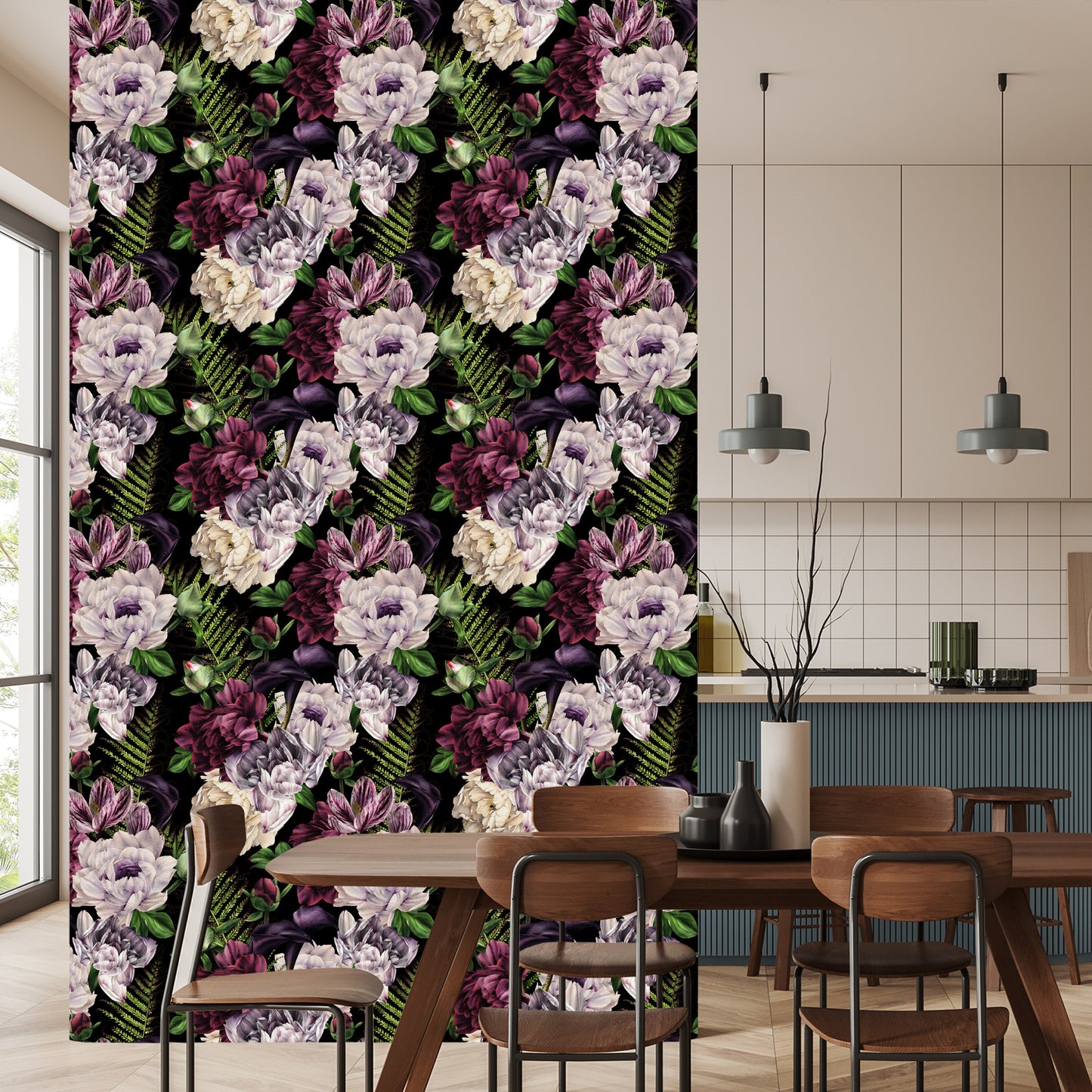 Wallpaper Peonies Fern Leaves