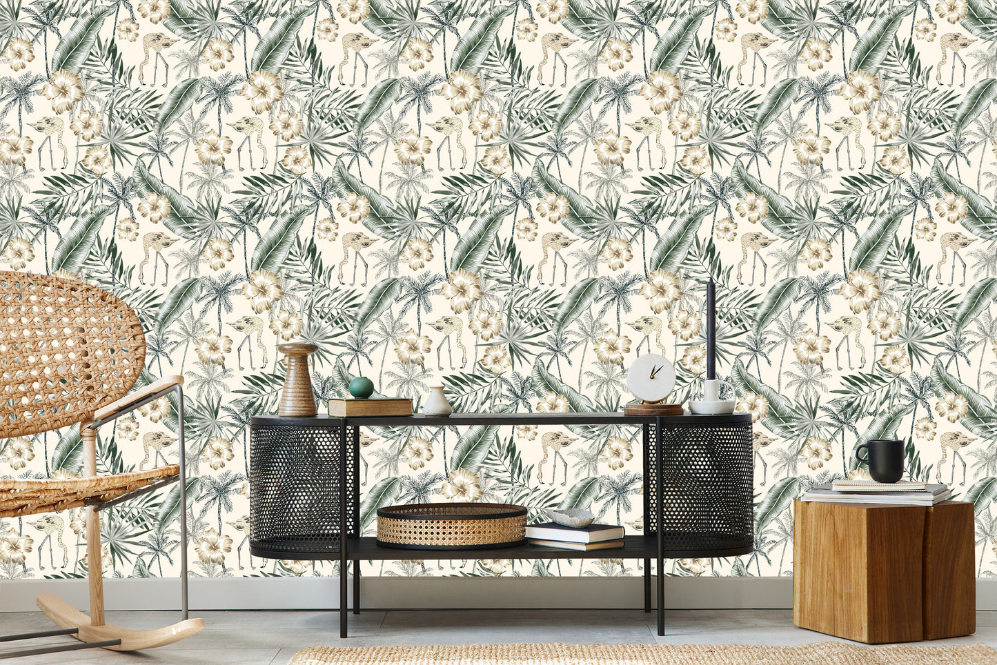 Wallpaper Flamingos With Palm Leaves