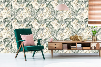 Wallpaper Flamingos With Palm Leaves