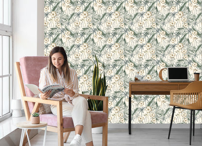 Wallpaper Flamingos With Palm Leaves
