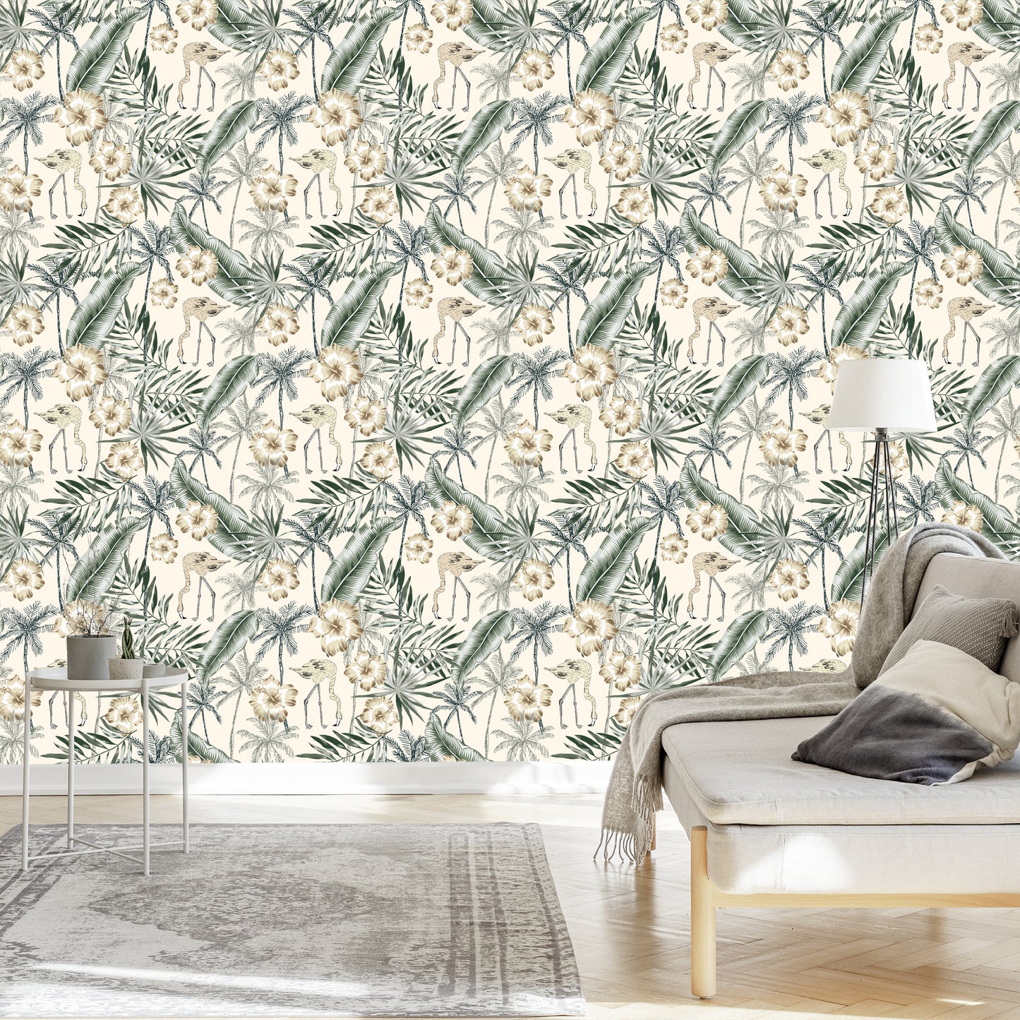 Wallpaper Flamingos With Palm Leaves