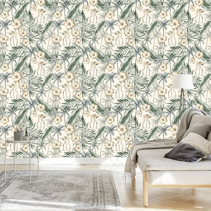 Wallpaper Flamingos With Palm Leaves