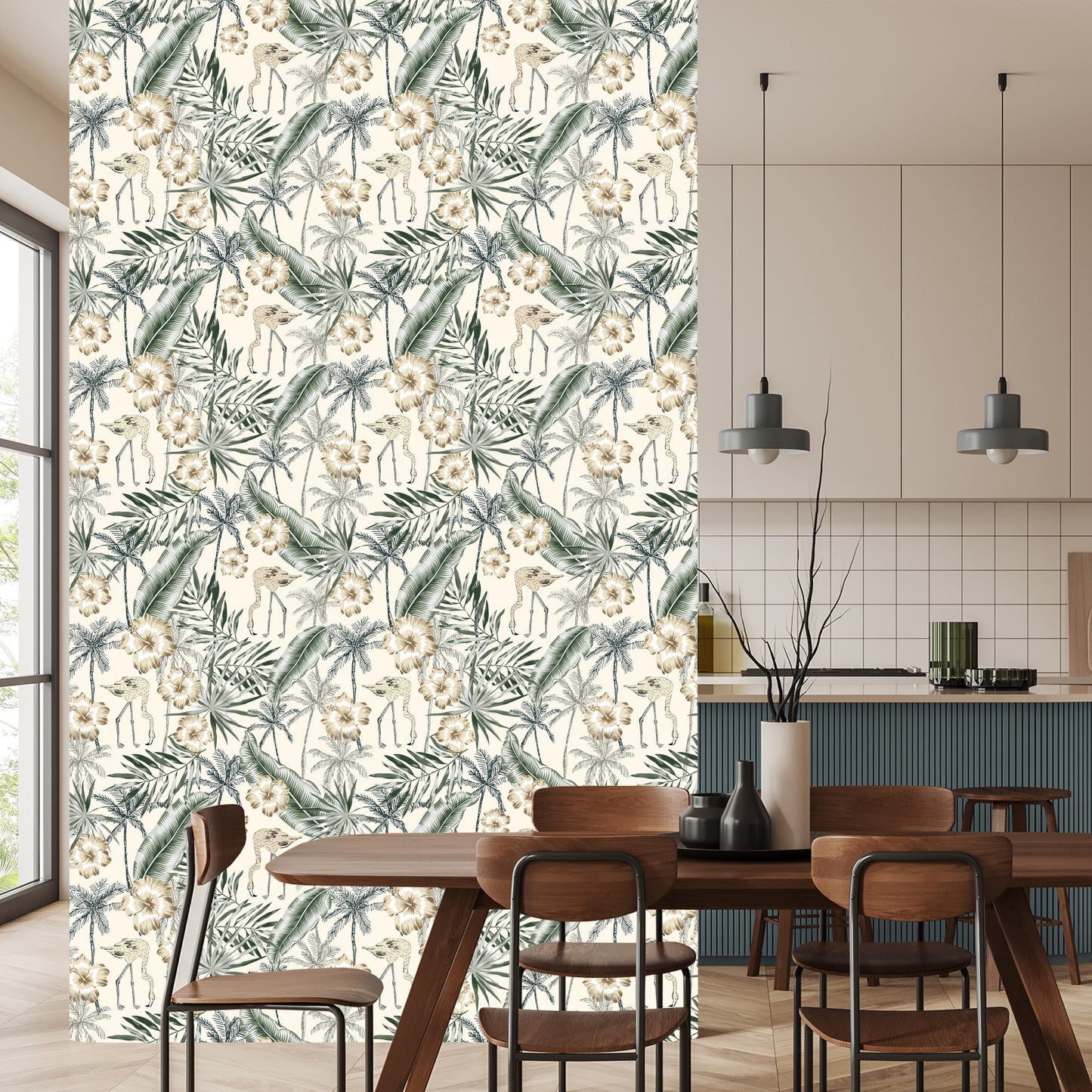 Wallpaper Flamingos With Palm Leaves