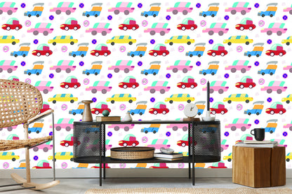 Wallpaper For Children - Colorful Cars In Scandinavian Style