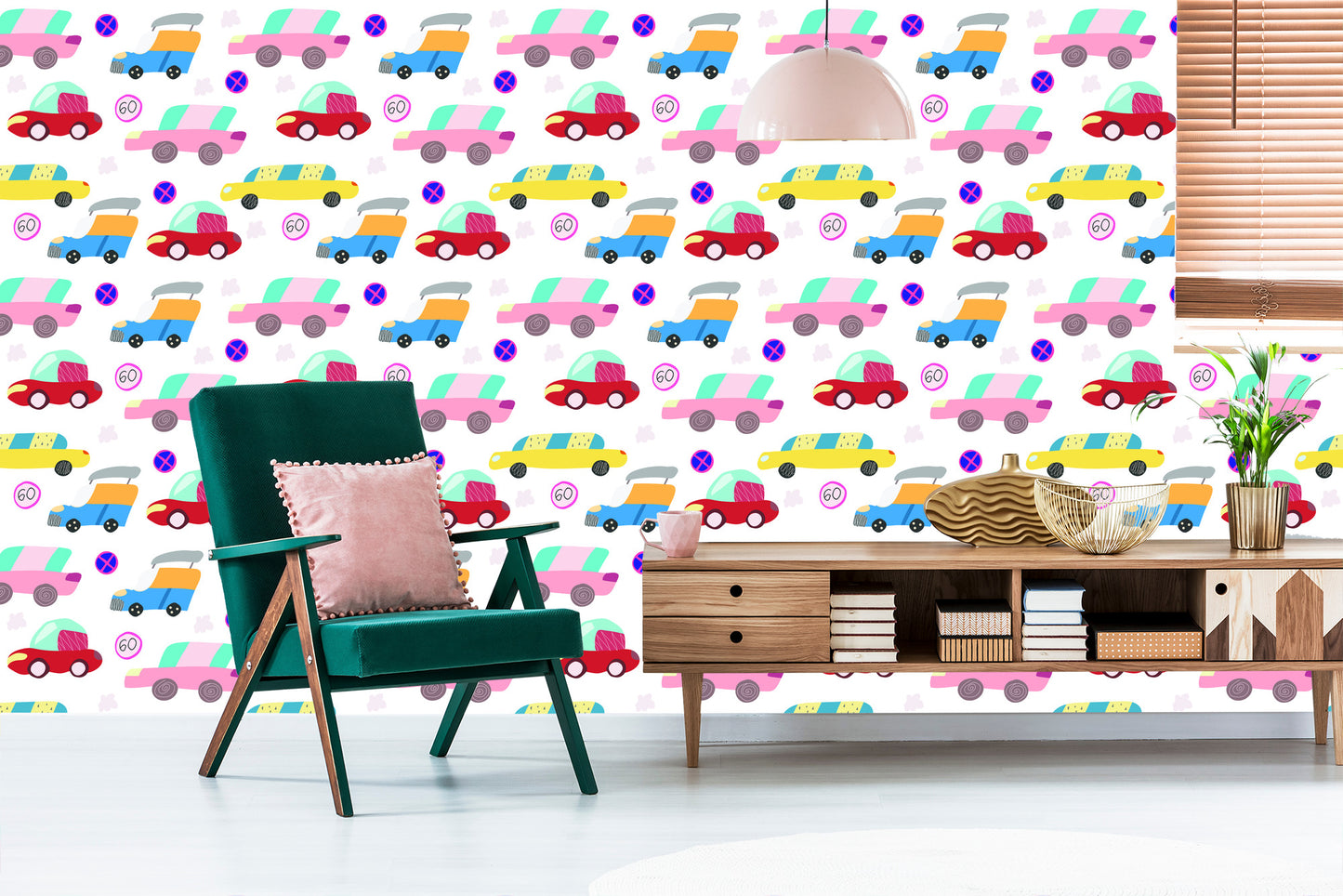 Wallpaper For Children - Colorful Cars In Scandinavian Style
