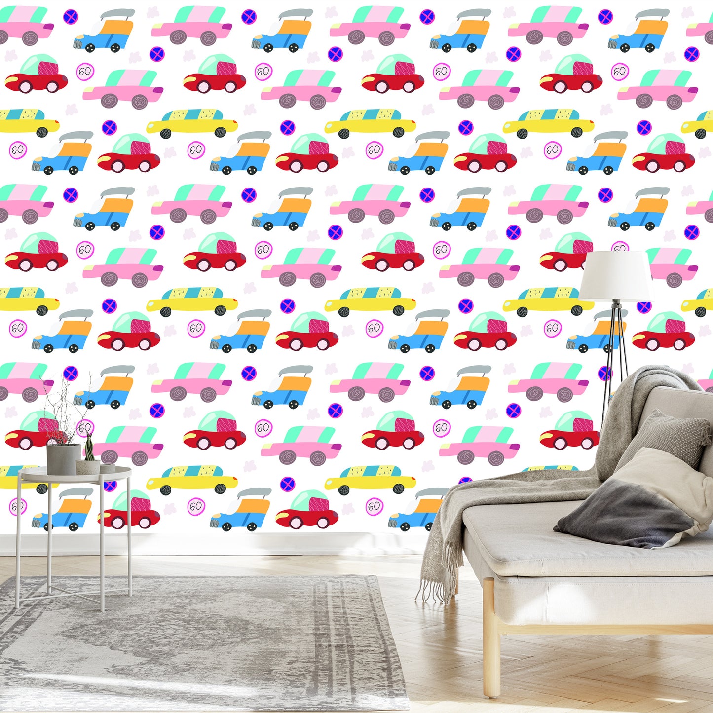Wallpaper For Children - Colorful Cars In Scandinavian Style