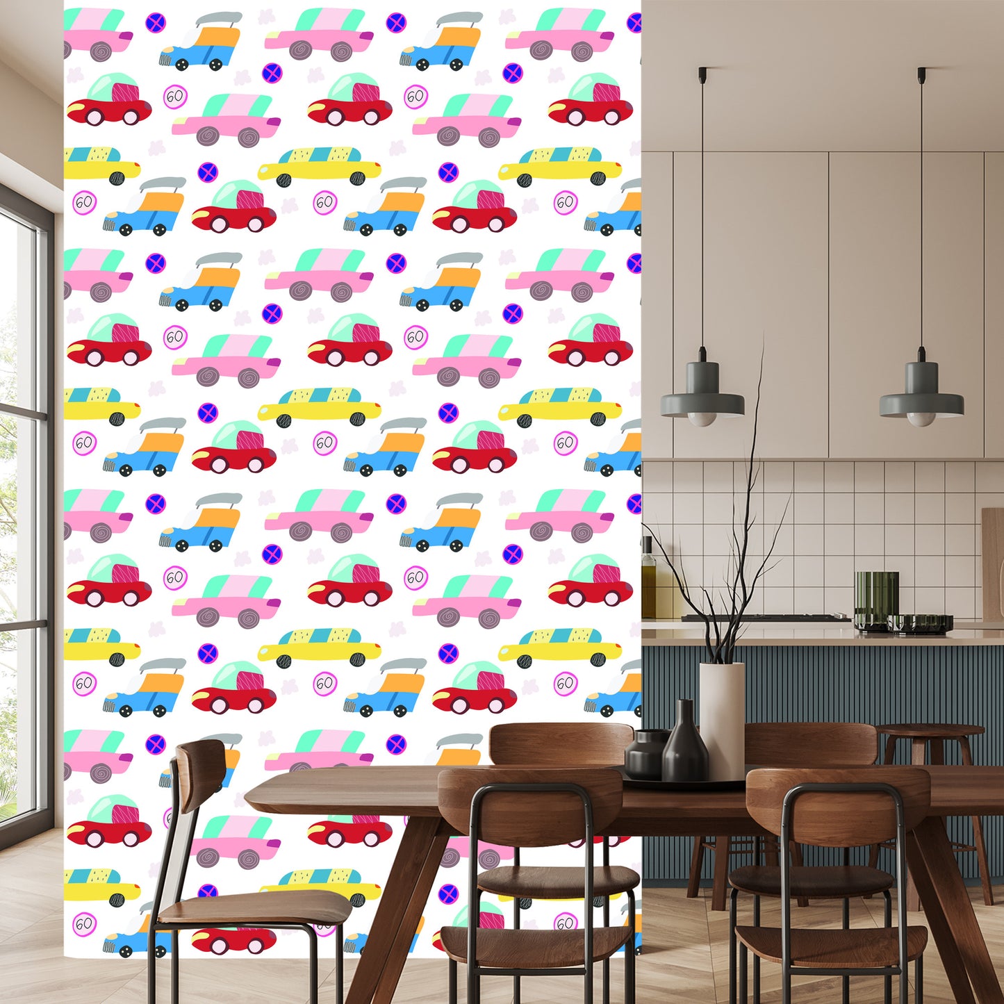 Wallpaper For Children - Colorful Cars In Scandinavian Style